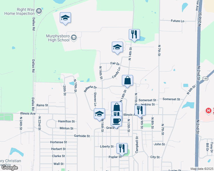 map of restaurants, bars, coffee shops, grocery stores, and more near 1208 Roberta Drive in Murphysboro