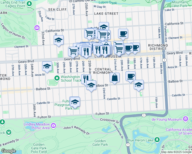 map of restaurants, bars, coffee shops, grocery stores, and more near 635 24th Avenue in San Francisco