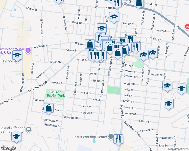 map of restaurants, bars, coffee shops, grocery stores, and more near 206 3rd Street in Farmington