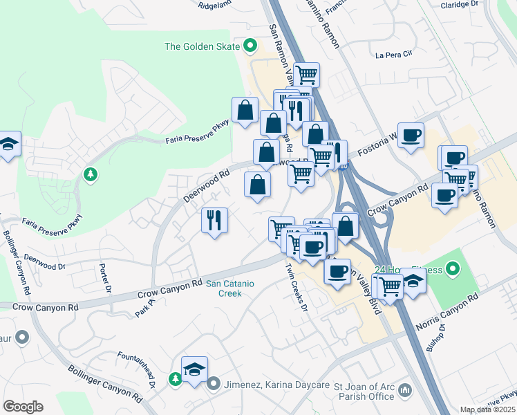 map of restaurants, bars, coffee shops, grocery stores, and more near 12 Crow Canyon Court in San Ramon