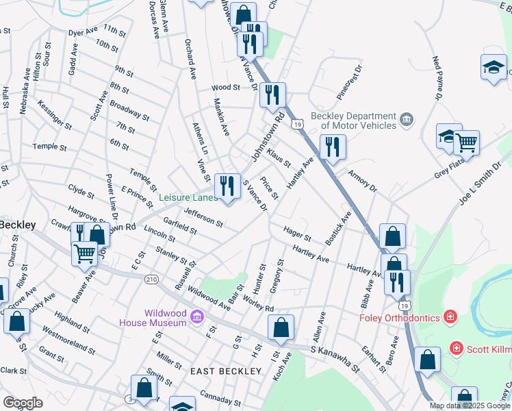 map of restaurants, bars, coffee shops, grocery stores, and more near 216 South Vance Drive in Beckley