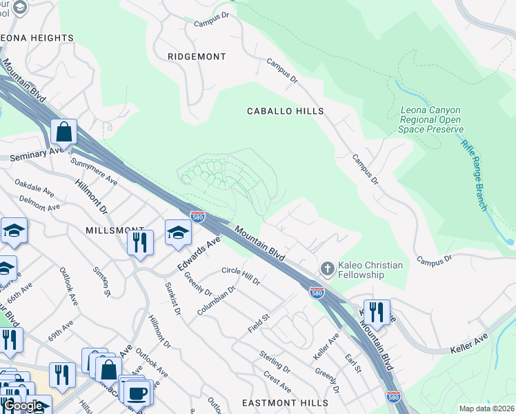 map of restaurants, bars, coffee shops, grocery stores, and more near 6330 Rocky Point Court in Oakland