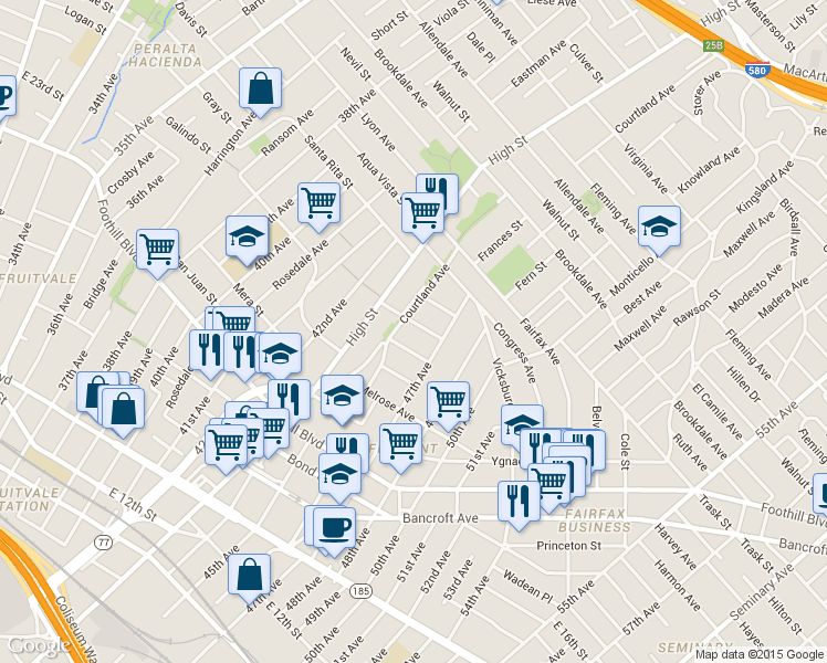 map of restaurants, bars, coffee shops, grocery stores, and more near 4533 San Carlos Avenue in Oakland
