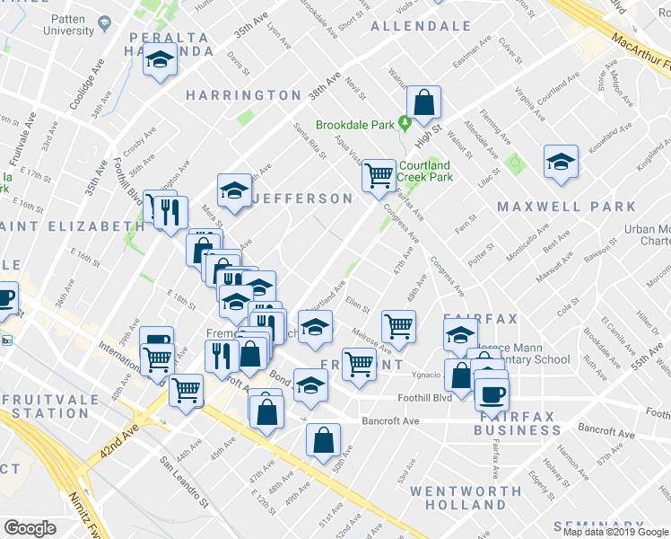 map of restaurants, bars, coffee shops, grocery stores, and more near 2183 Courtland Avenue in Oakland