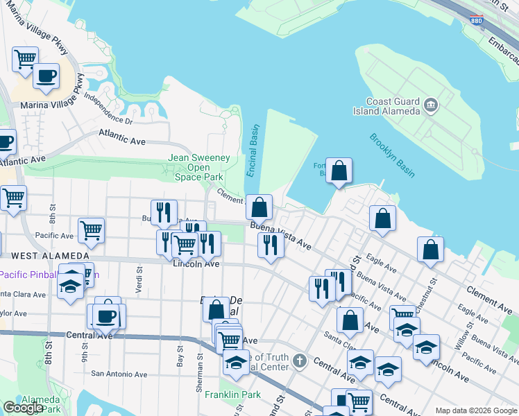 map of restaurants, bars, coffee shops, grocery stores, and more near 1714 Benton Street in Alameda