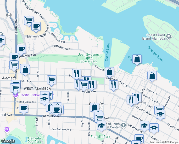 map of restaurants, bars, coffee shops, grocery stores, and more near 1817 Sherman Street in Alameda