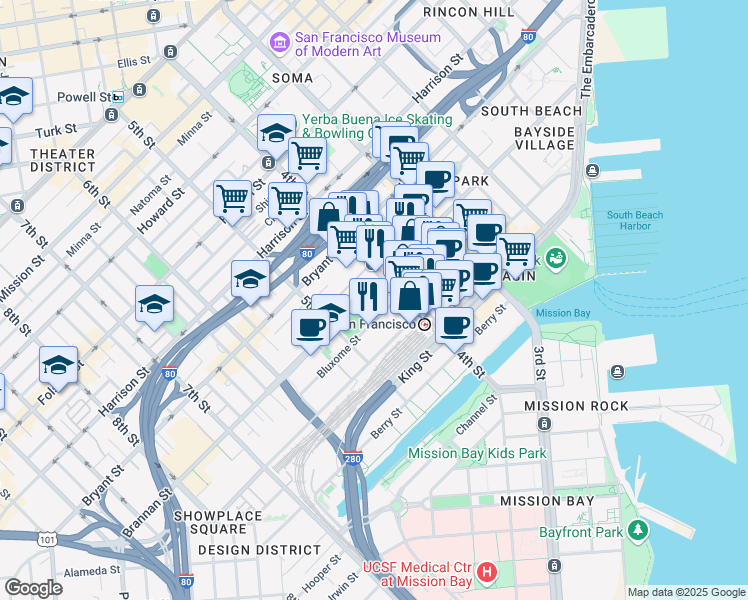 map of restaurants, bars, coffee shops, grocery stores, and more near 525 Brannan Street in San Francisco