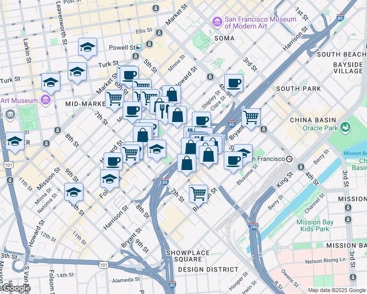 map of restaurants, bars, coffee shops, grocery stores, and more near 1000 Harrison Street in San Francisco