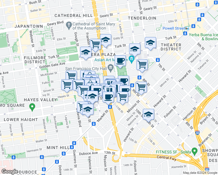 map of restaurants, bars, coffee shops, grocery stores, and more near in San Francisco