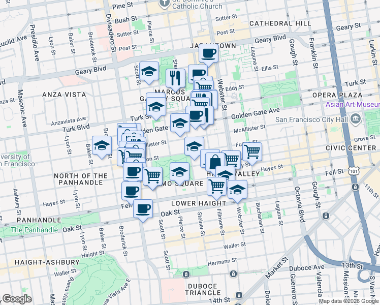 map of restaurants, bars, coffee shops, grocery stores, and more near 923 Fulton Street in San Francisco