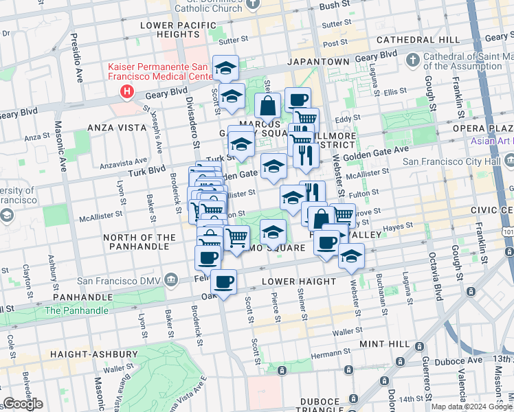 map of restaurants, bars, coffee shops, grocery stores, and more near 1082 Fulton Street in San Francisco