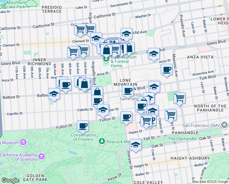 map of restaurants, bars, coffee shops, grocery stores, and more near 3001 Turk Boulevard in San Francisco