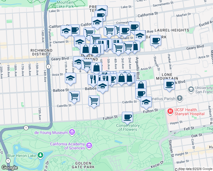map of restaurants, bars, coffee shops, grocery stores, and more near 591 5th Avenue in San Francisco