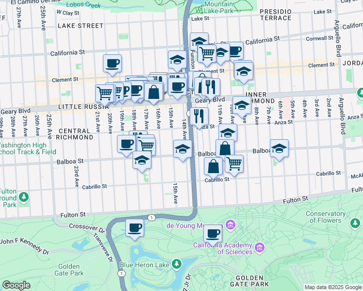map of restaurants, bars, coffee shops, grocery stores, and more near 564 15th Avenue in San Francisco
