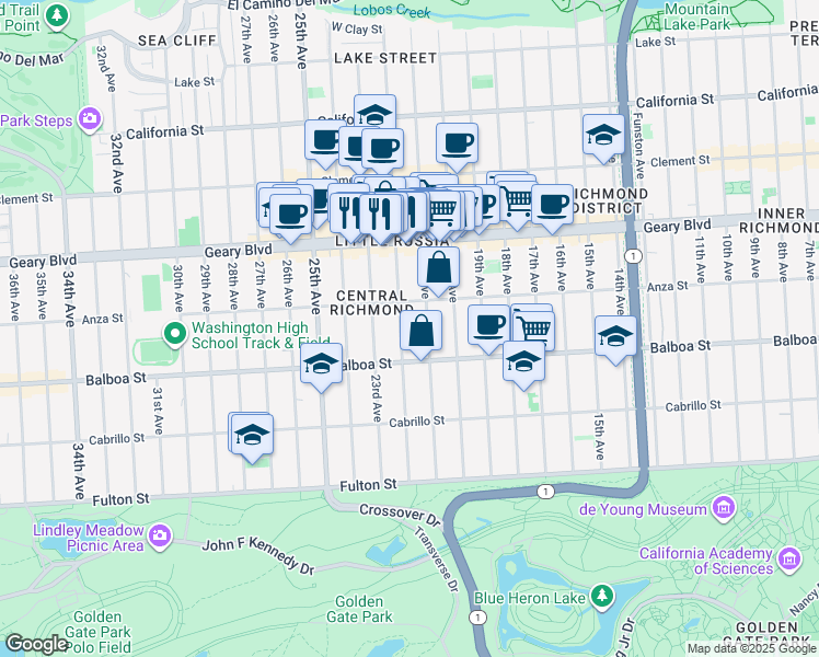 map of restaurants, bars, coffee shops, grocery stores, and more near 542 22nd Avenue in San Francisco