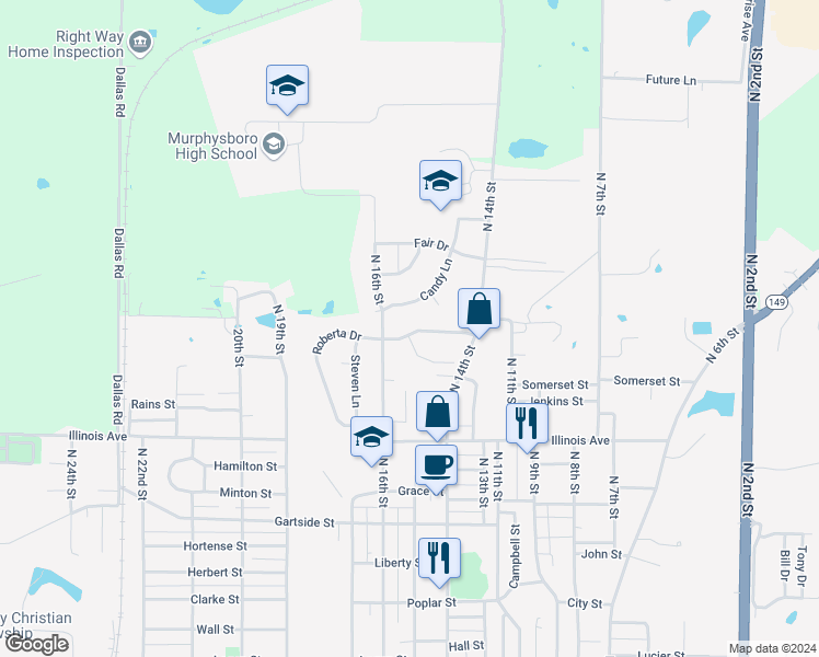 map of restaurants, bars, coffee shops, grocery stores, and more near 1208 Roberta Drive in Murphysboro