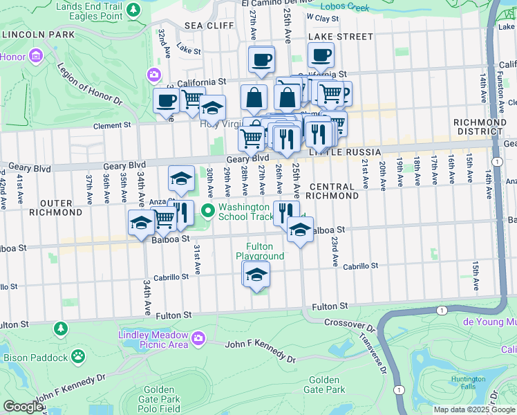 map of restaurants, bars, coffee shops, grocery stores, and more near 627 27th Avenue in San Francisco