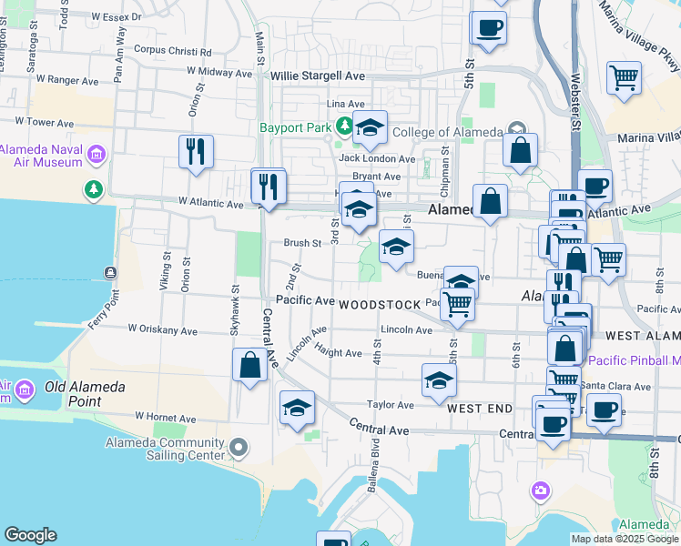 map of restaurants, bars, coffee shops, grocery stores, and more near 1812 3rd Street in Alameda