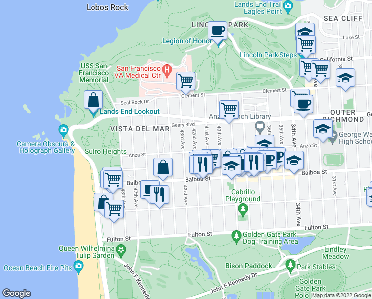 map of restaurants, bars, coffee shops, grocery stores, and more near 592 43rd Avenue in San Francisco