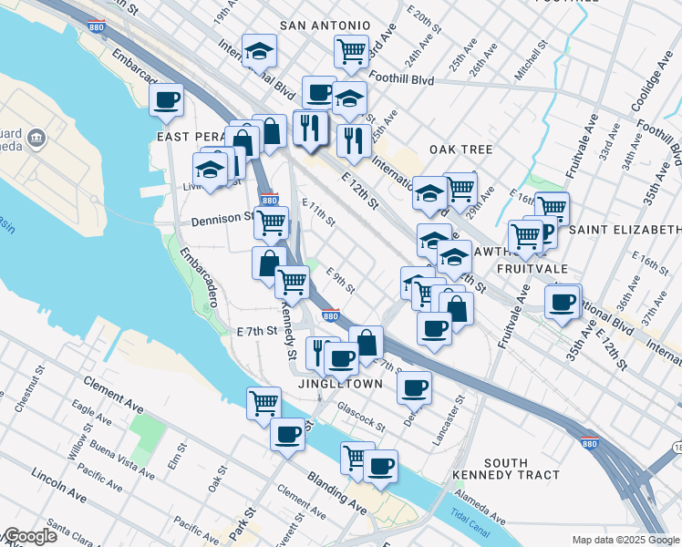 map of restaurants, bars, coffee shops, grocery stores, and more near 2704 East 9th Street in Oakland