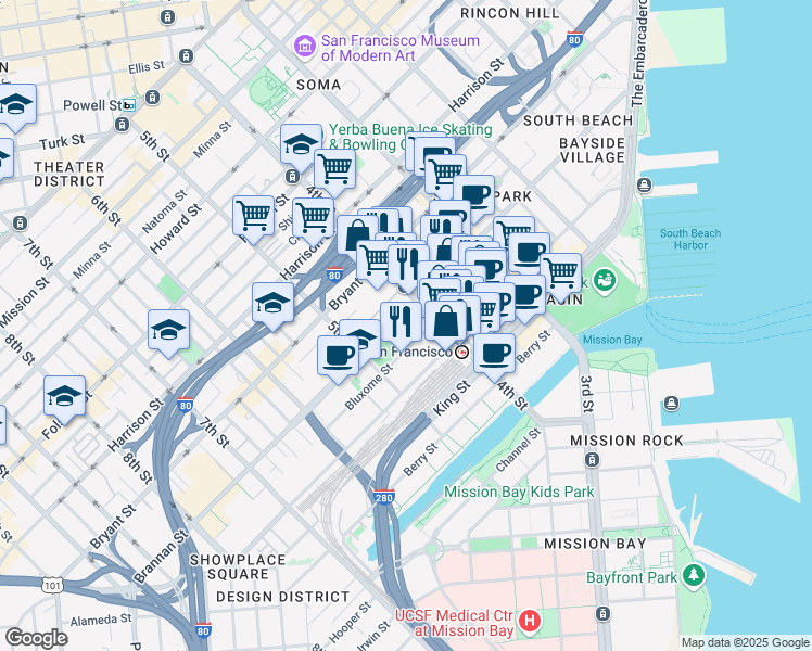 map of restaurants, bars, coffee shops, grocery stores, and more near 525 Brannan Street in San Francisco