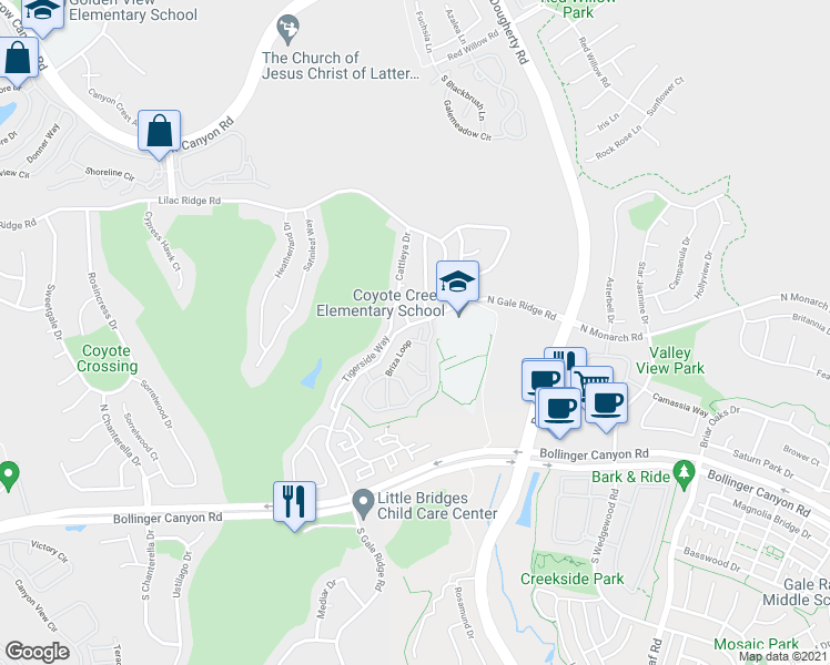 map of restaurants, bars, coffee shops, grocery stores, and more near 7918 Persica Court in San Ramon