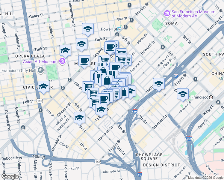 map of restaurants, bars, coffee shops, grocery stores, and more near 1108 Howard Street in San Francisco
