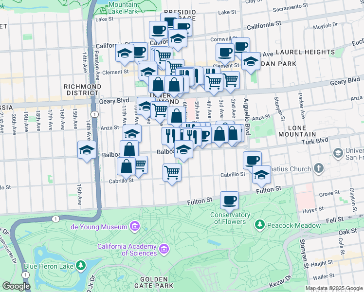 map of restaurants, bars, coffee shops, grocery stores, and more near 520 Balboa Street in San Francisco