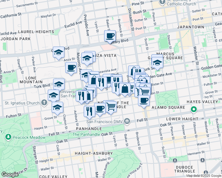 map of restaurants, bars, coffee shops, grocery stores, and more near 711 Lyon Street in San Francisco