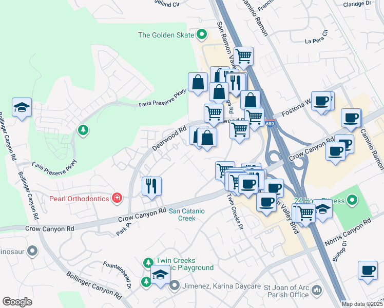 map of restaurants, bars, coffee shops, grocery stores, and more near 540 Ryan Terrace in San Ramon
