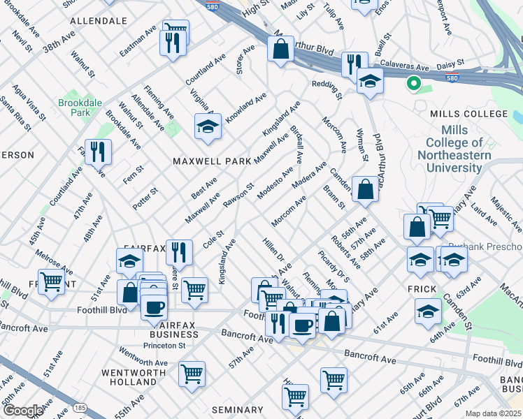 map of restaurants, bars, coffee shops, grocery stores, and more near 2801 Madera Avenue in Oakland