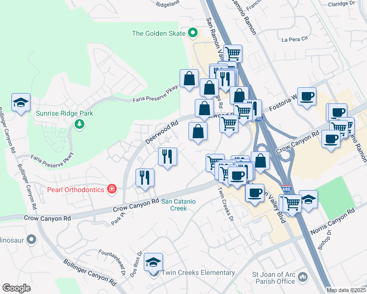 map of restaurants, bars, coffee shops, grocery stores, and more near 540 Ryan Terrace in San Ramon