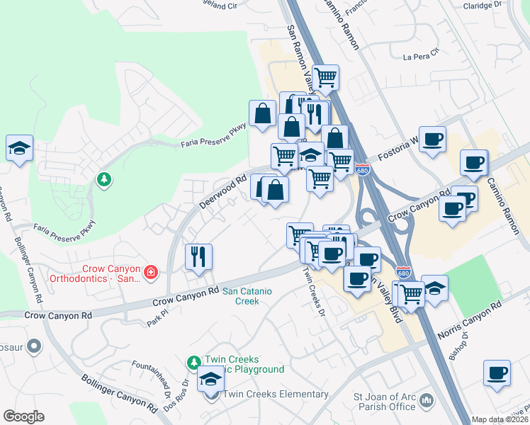 map of restaurants, bars, coffee shops, grocery stores, and more near 540 Ryan Terrace in San Ramon