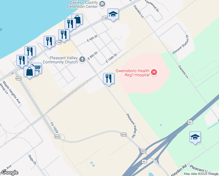 map of restaurants, bars, coffee shops, grocery stores, and more near 1301 Pleasant Valley Road in Owensboro