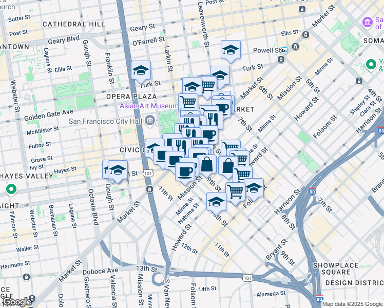 map of restaurants, bars, coffee shops, grocery stores, and more near 1275 Market Street in San Francisco