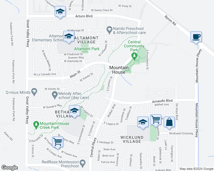 map of restaurants, bars, coffee shops, grocery stores, and more near 121 West Del Sol Lane in Mountain House