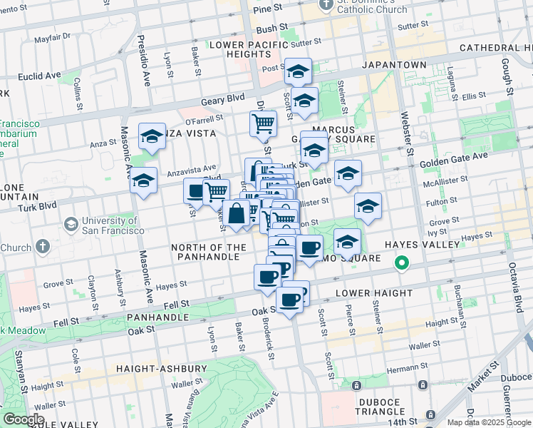 map of restaurants, bars, coffee shops, grocery stores, and more near 1629 McAllister Street in San Francisco