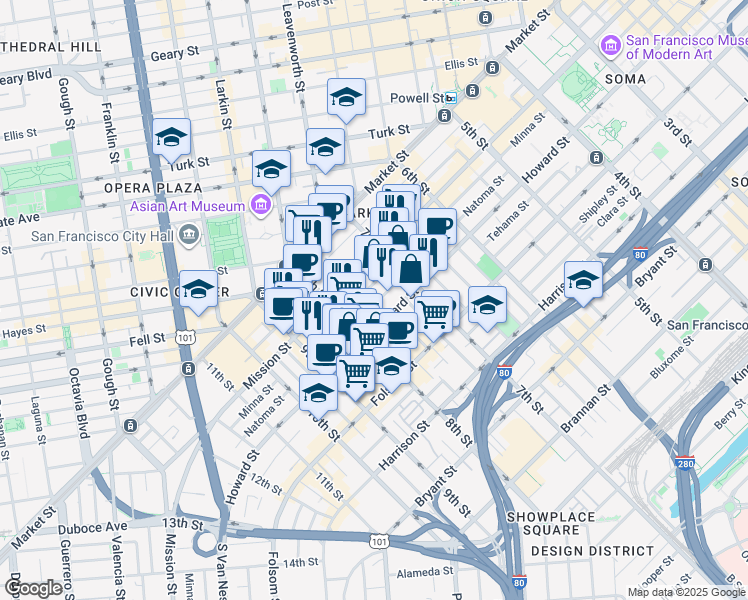 map of restaurants, bars, coffee shops, grocery stores, and more near 667a Minna Street in San Francisco