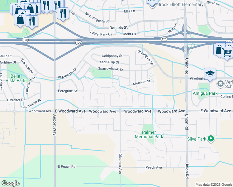 map of restaurants, bars, coffee shops, grocery stores, and more near 1617 Oleander Avenue in Manteca