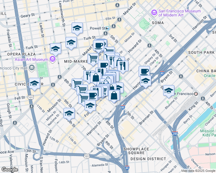 map of restaurants, bars, coffee shops, grocery stores, and more near 1074 Folsom Street in San Francisco