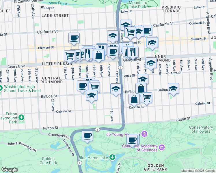 map of restaurants, bars, coffee shops, grocery stores, and more near 564 15th Avenue in San Francisco