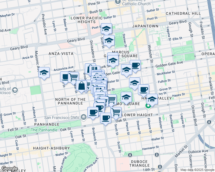 map of restaurants, bars, coffee shops, grocery stores, and more near 1555 McAllister Street in San Francisco