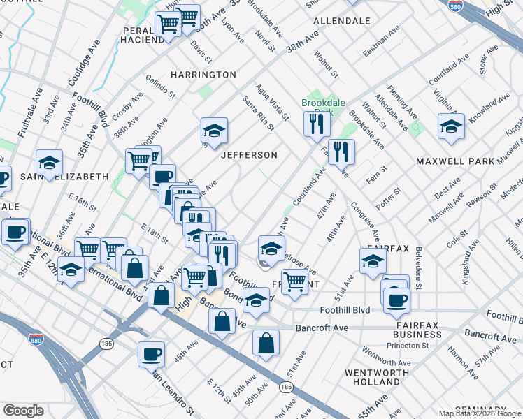 map of restaurants, bars, coffee shops, grocery stores, and more near 2123 High Street in Oakland
