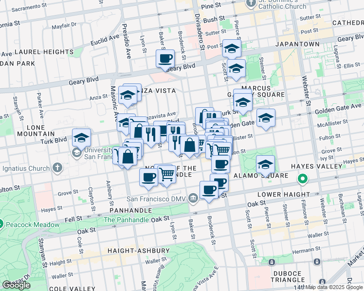 map of restaurants, bars, coffee shops, grocery stores, and more near 705 Baker Street in San Francisco