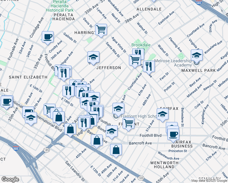 map of restaurants, bars, coffee shops, grocery stores, and more near 2123 High Street in Oakland