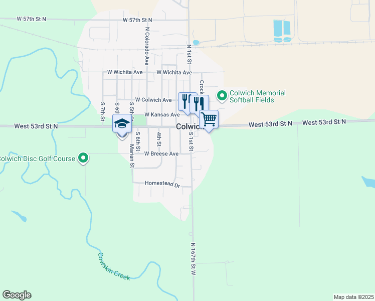 map of restaurants, bars, coffee shops, grocery stores, and more near 453 South 1st Street in Colwich