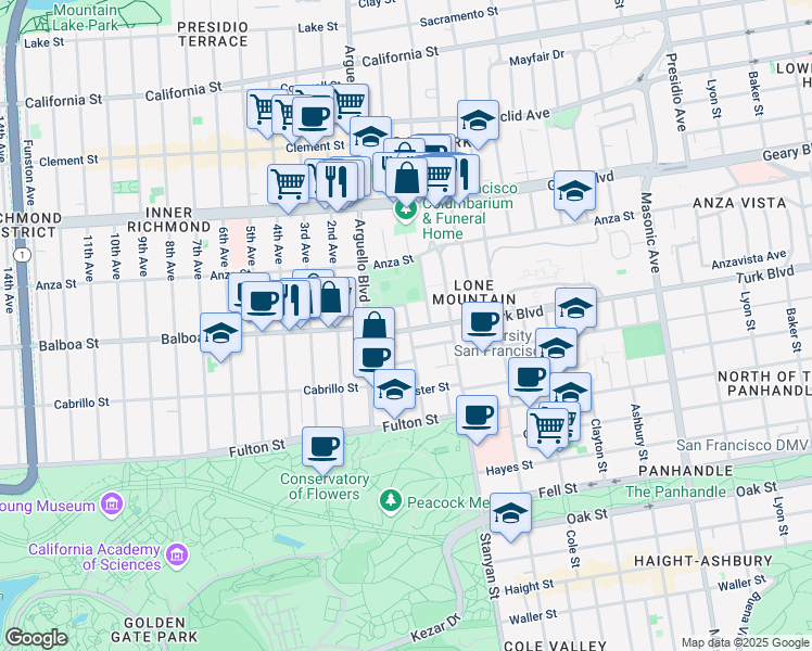 map of restaurants, bars, coffee shops, grocery stores, and more near 3100 Turk Boulevard in San Francisco