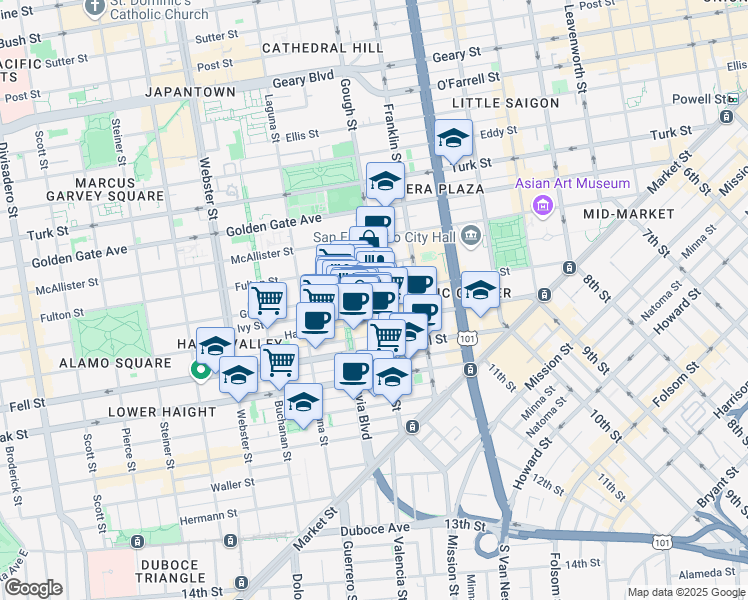 map of restaurants, bars, coffee shops, grocery stores, and more near 465 Grove Street in San Francisco