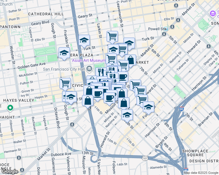 map of restaurants, bars, coffee shops, grocery stores, and more near in San Francisco