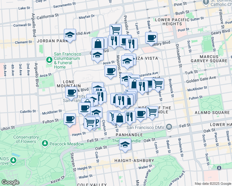 map of restaurants, bars, coffee shops, grocery stores, and more near University of San Francisco in San Francisco